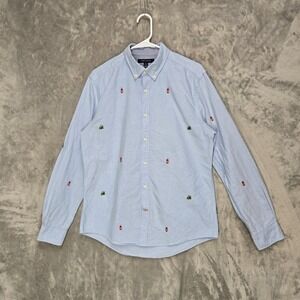 Tommy Hilfiger Mens M Atherton Camp Lanterns Cabin Embroidered Button Shirt Blue